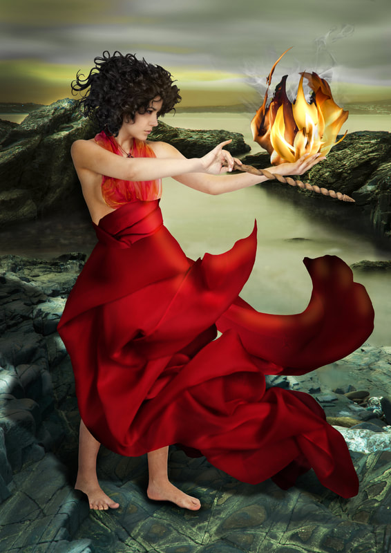Composite photography by artist Debra Jayne, Pearl Nautica as Circe, Fire, Magic Wand, Godrevy, Cornwall, Greek Goddess