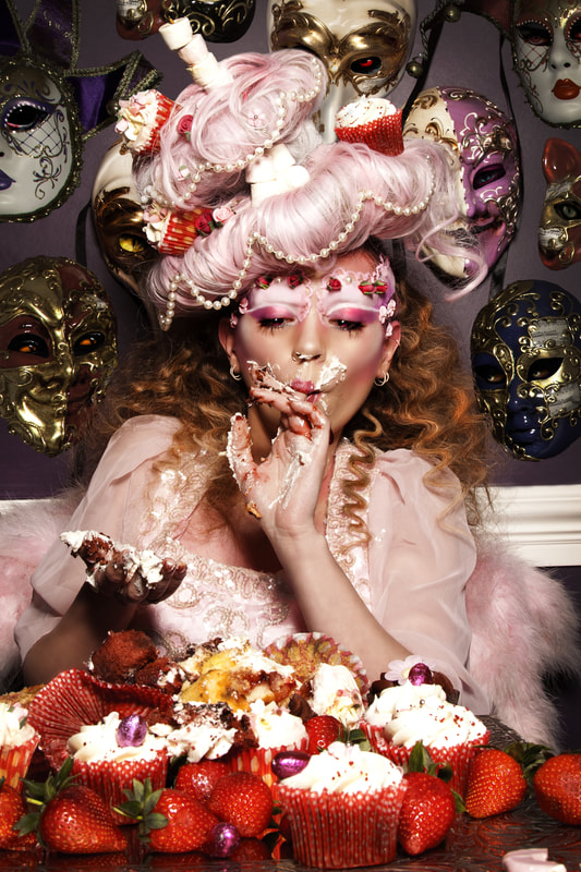Composite photography by artist Debra Jayne, Jaymi-lee Porter as Gluttony in Pink, Cupcakes, Venetian Masks, Foodporn