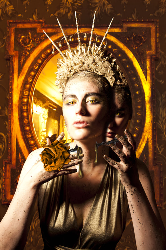 Composite photography by artist Debra Jayne, Hope Foster as Greed in Gold, Evil Queen, Golddigger, Darkside Reflection
