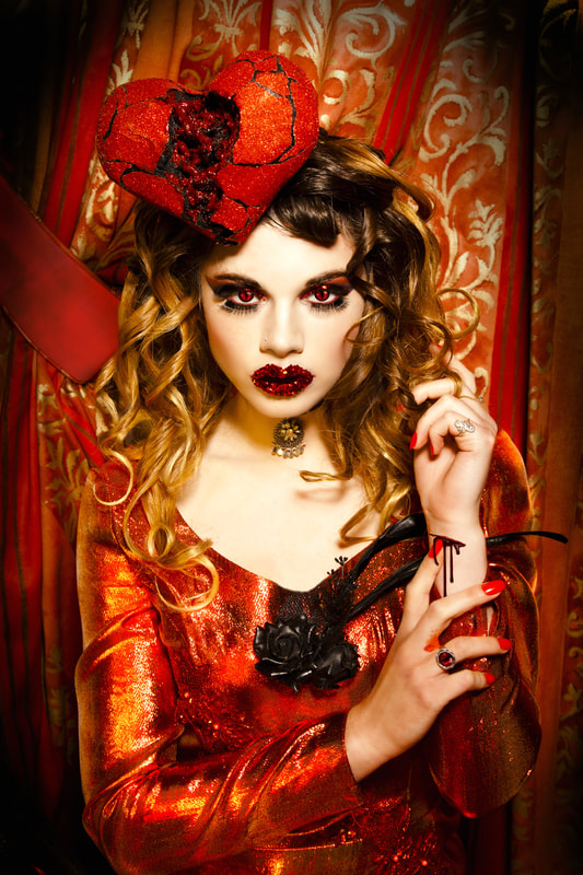 Composite photography by artist Debra Jayne, Zoe Tresise as Lust in Red Bleeding Heart Cats Eyes and Curls