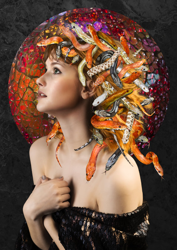 Composite photography by artist Debra Jayne, Emma Coster as Medusa, Snakes, Stained Glass, Black Marble, Greek Goddess
